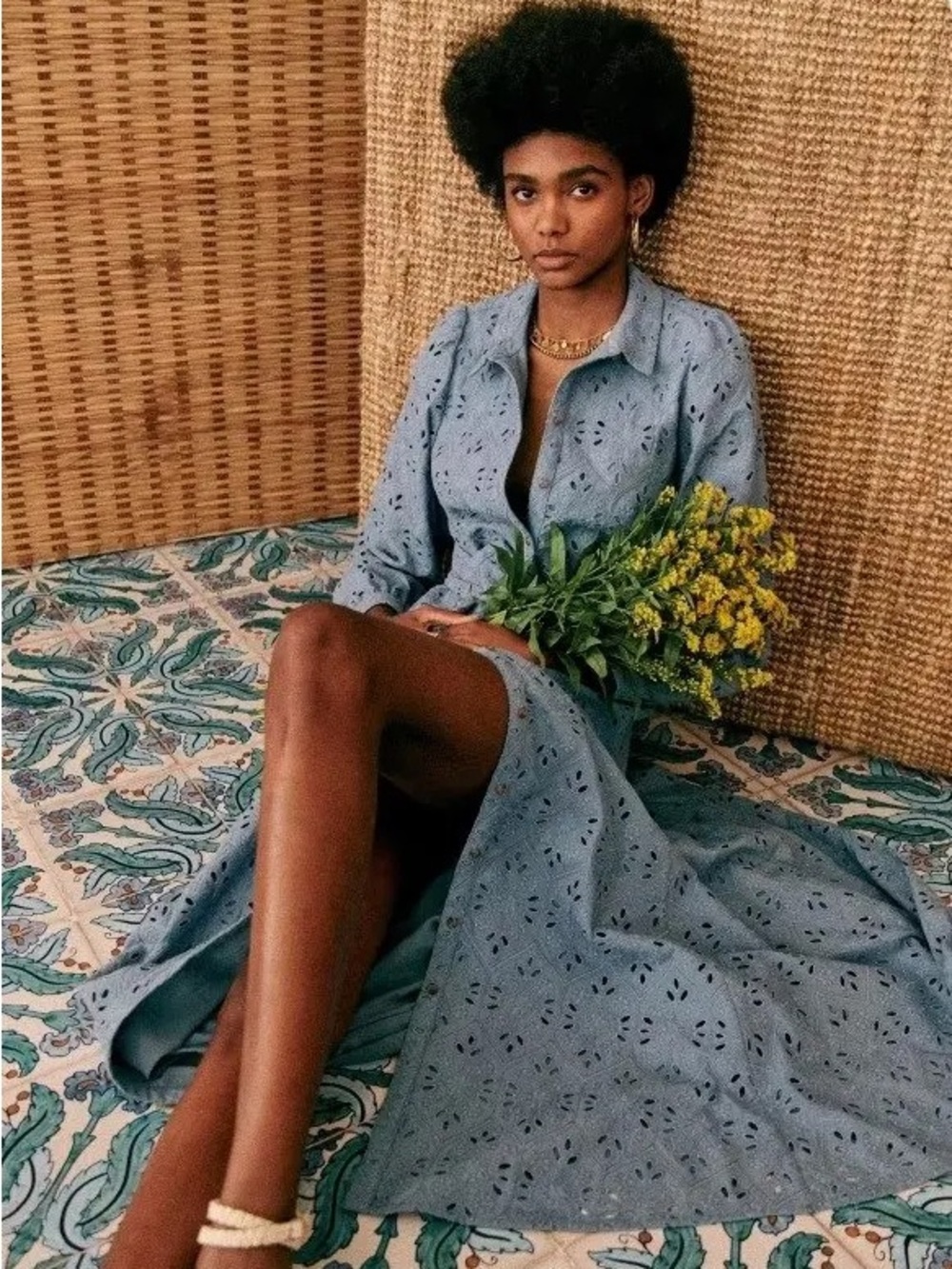 Sezane Bella Dress in Bleu Vintage, Eyelet Maxi w/ Tie Waist, size 36 - Picture 2 of 16